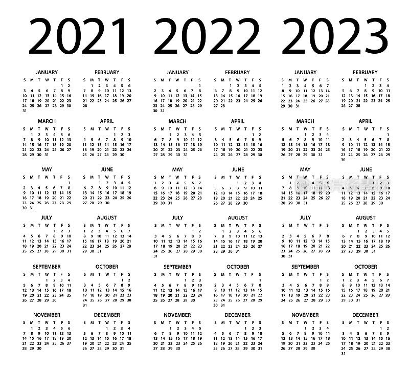 日历2021 2022 2023矢量插图。一周从周日开始